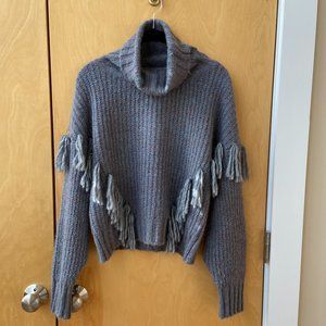 NWT Something Navy Isla Fringe Turtleneck Sweater Blue Gray
